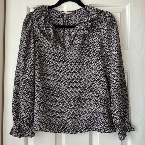 Rebecca Taylor 100% silk black and white printed top ruffle collar size 4 - Picture 1 of 5